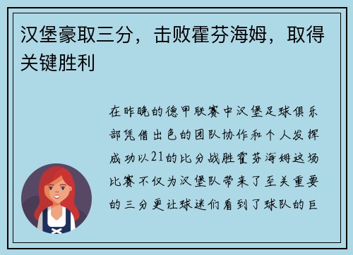 汉堡豪取三分，击败霍芬海姆，取得关键胜利