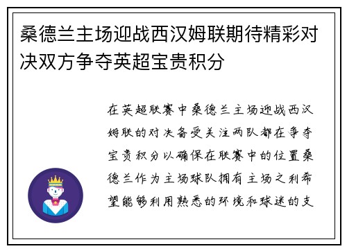 桑德兰主场迎战西汉姆联期待精彩对决双方争夺英超宝贵积分