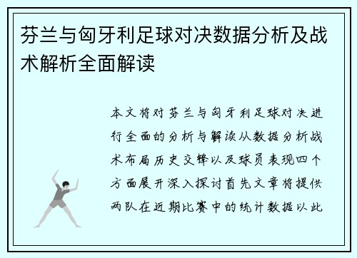 芬兰与匈牙利足球对决数据分析及战术解析全面解读