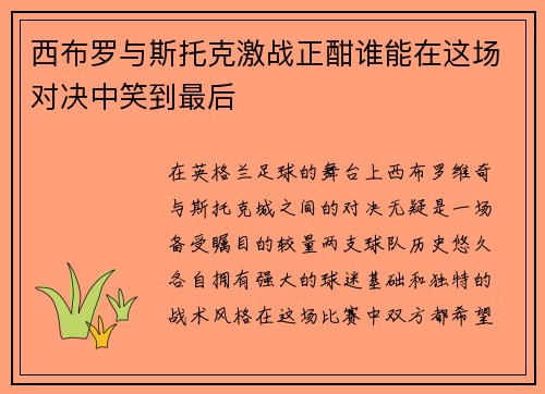 西布罗与斯托克激战正酣谁能在这场对决中笑到最后