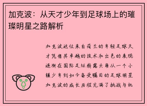 加克波：从天才少年到足球场上的璀璨明星之路解析
