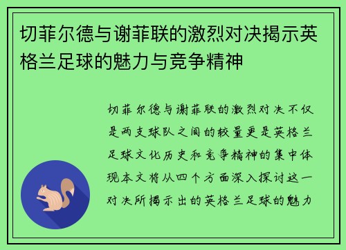 切菲尔德与谢菲联的激烈对决揭示英格兰足球的魅力与竞争精神