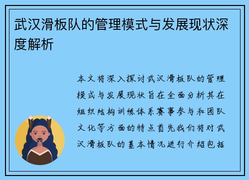 武汉滑板队的管理模式与发展现状深度解析