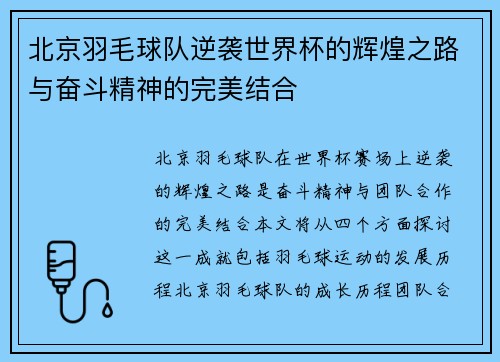 北京羽毛球队逆袭世界杯的辉煌之路与奋斗精神的完美结合