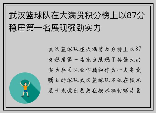武汉篮球队在大满贯积分榜上以87分稳居第一名展现强劲实力